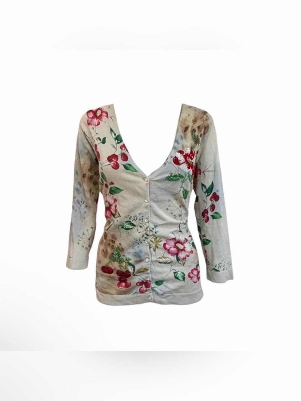 Cherry Floral Beaded Silk Cardigan by Charlotte Tarantola